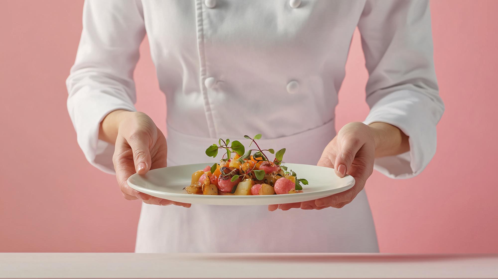 Chef demonstrating plating in a pastel kitchen